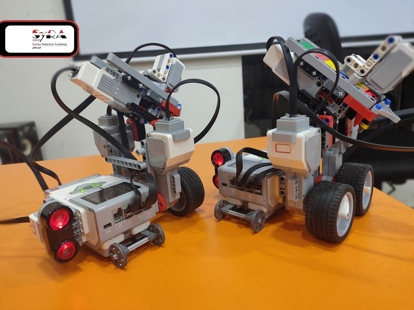 Two LEGO EV3 robots on a table