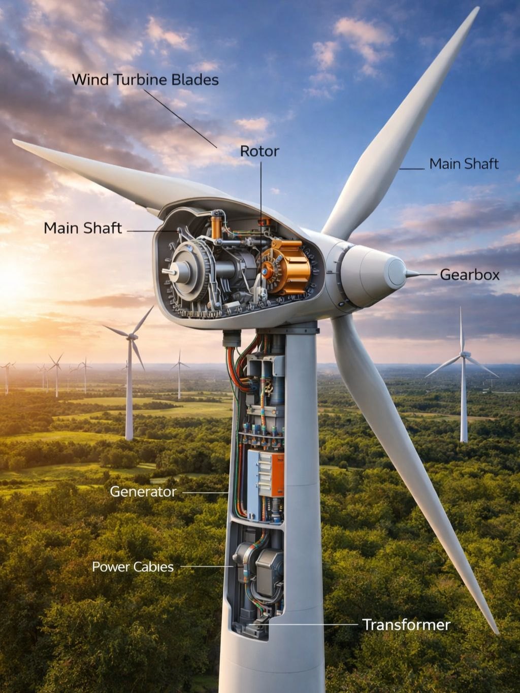 Illustrated cutaway of a wind turbine with its main parts labelled