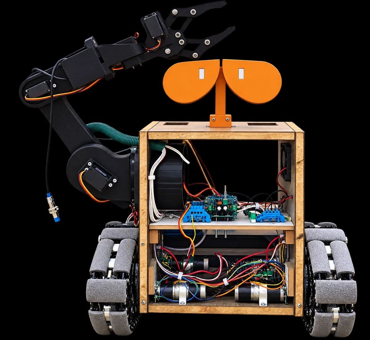 WALL-E Junior, a tracked robot with a black robotic arm and orange eyes