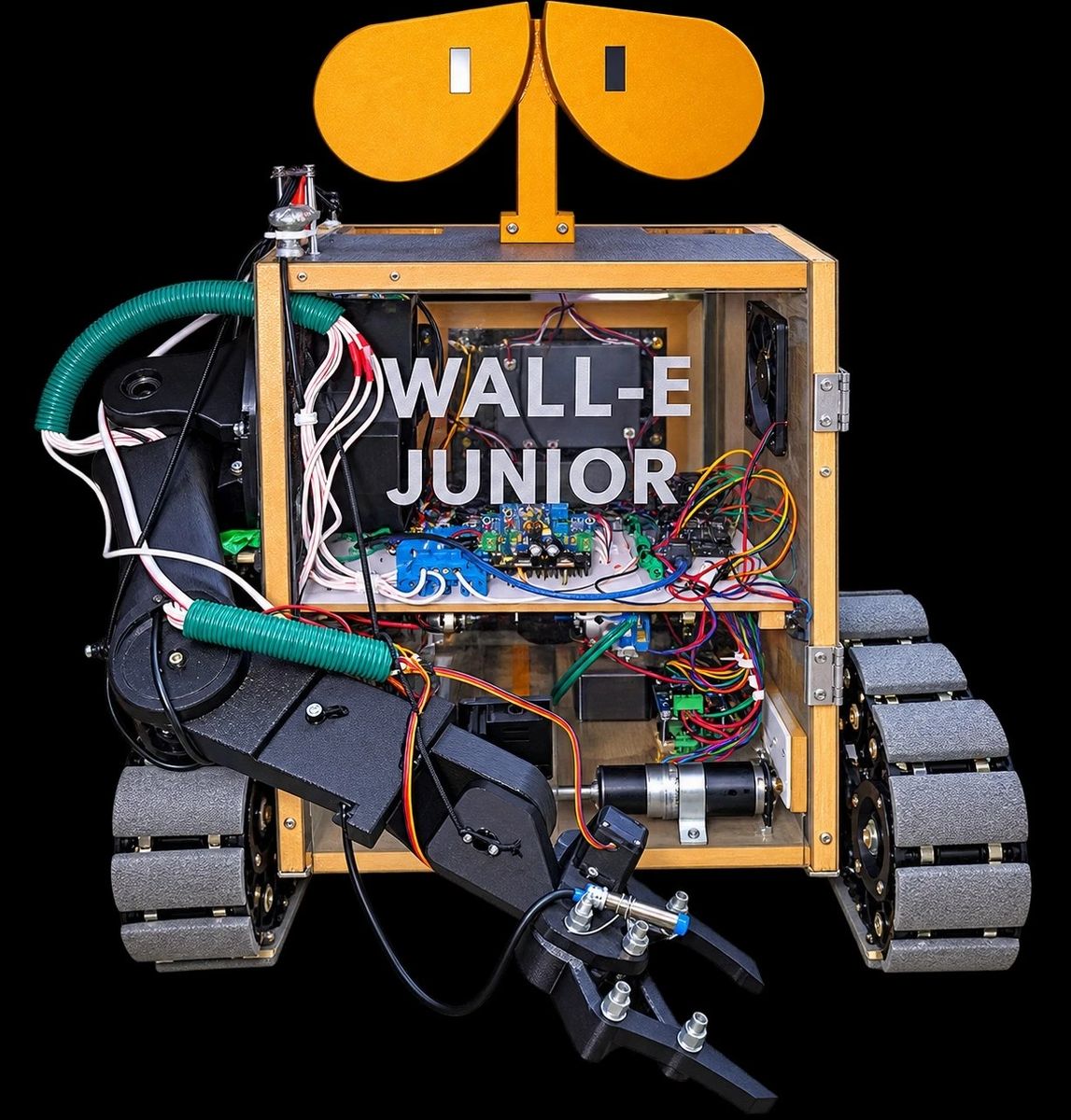 WALL-E Junior with the arm lowered and the electronics visible
