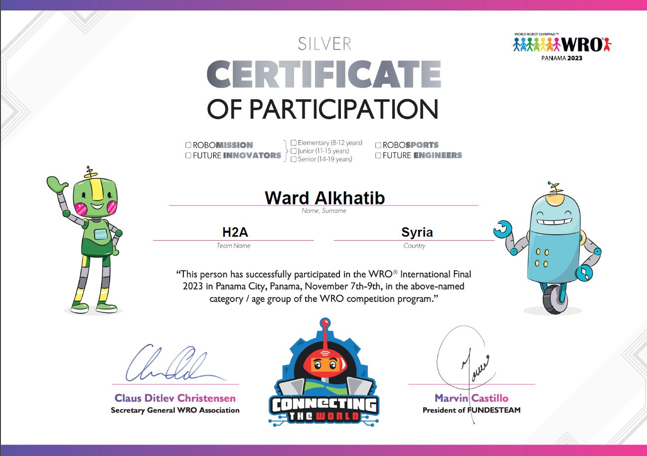 Silver certificate of participation, WRO 2023 International Final, issued to Ward Alkhatib, team H2A, Syria